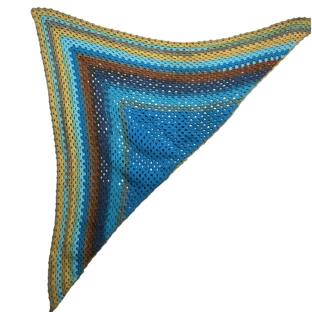 Handmade Crocheted Granny Stripe Shawl Wrap Scarf Blue Brown Gold Grey